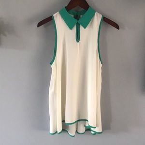 Off white, high neck tank,  w/ teal collar & trim